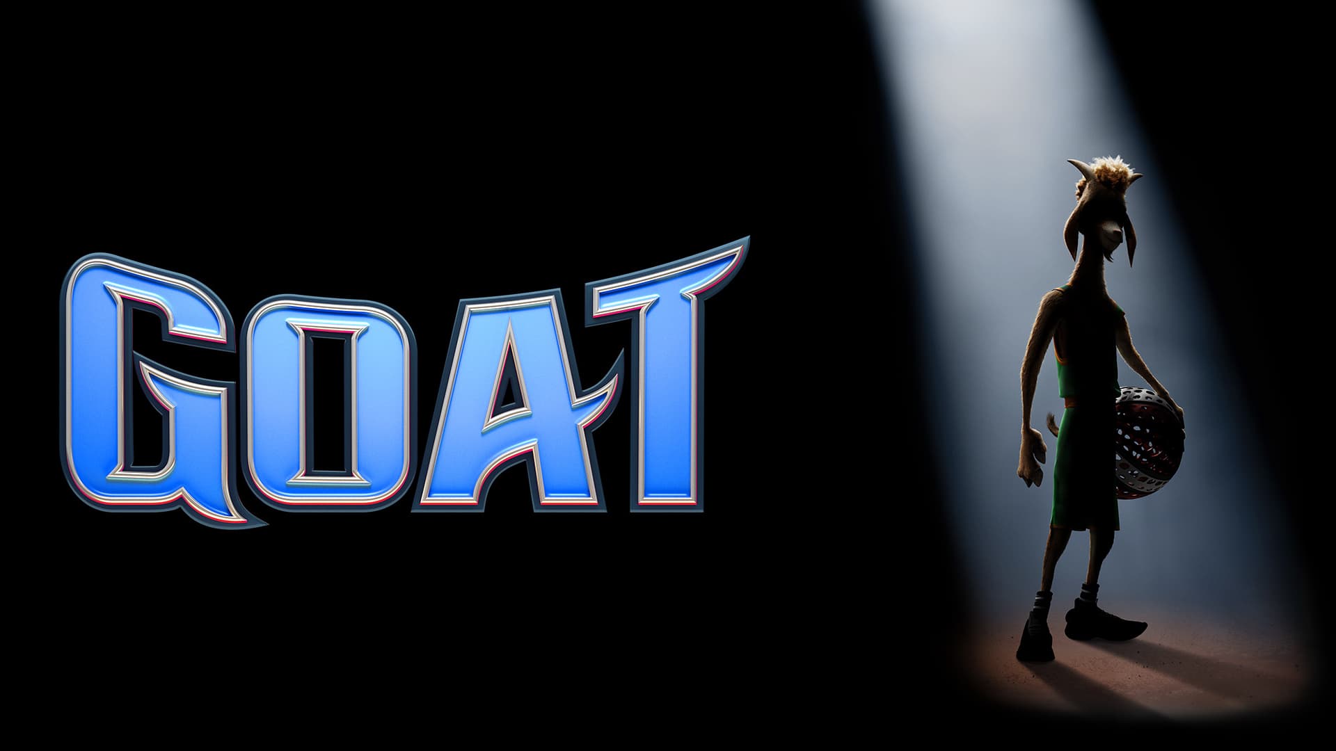 Títutlo de la película en tipografía deportiva al estilo basket con la silueta de fondo de un pequeño furro de cabra con outfit de basket y una bola de basket